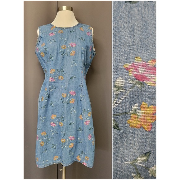 Vintage Dresses & Skirts - Studio Ease Denim Dress Blue Floral Button Back Sleeveless Vintage USA Size 16